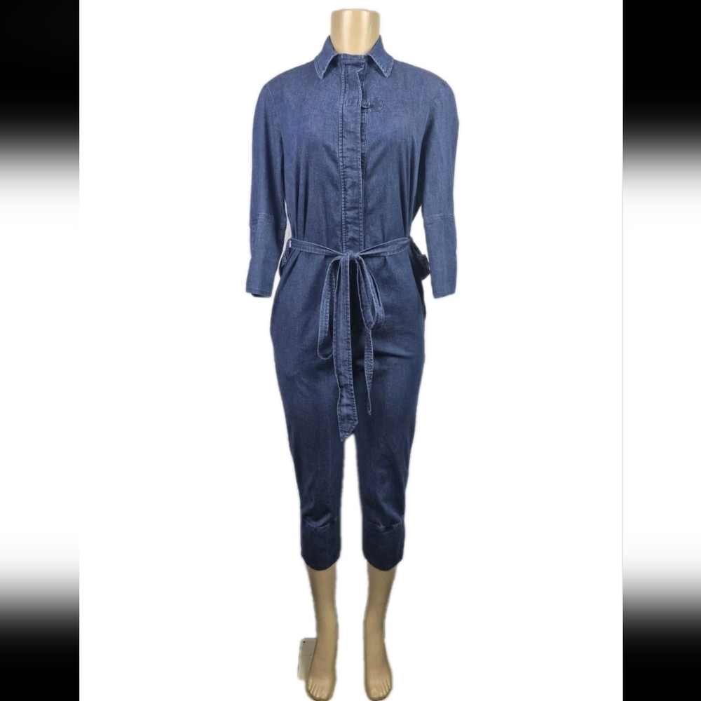Malia Mills Chambray Denim Belted Capri Jumpsuit Womens Size 6 USA‎ Rockabilly